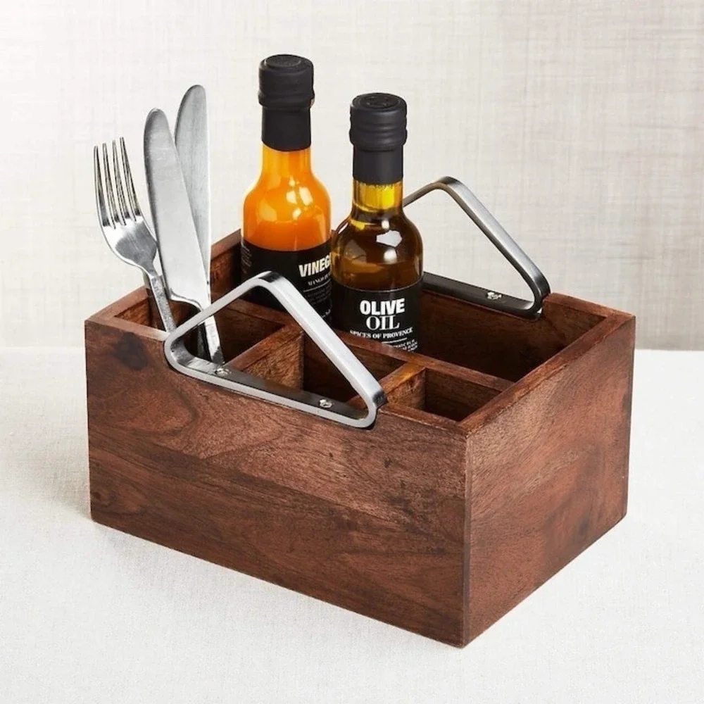 Crate And Barrel Boyd Acacia Wood Flatware Caddy Lacquer Finish Stainless Steel
